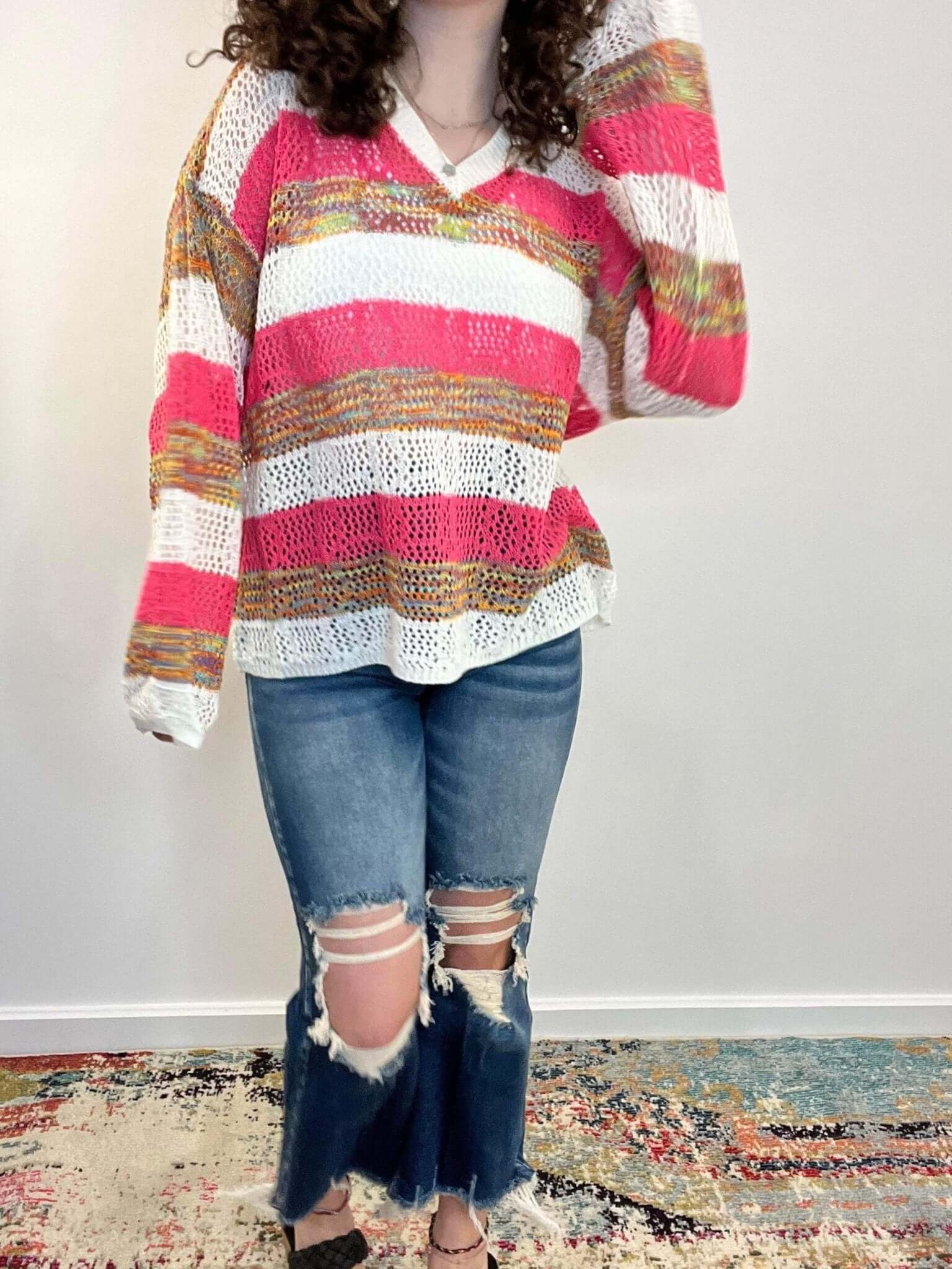 V-Neck Lightweight Summer Stripe Crochet Sweater - Lavender Hills BeautyMelloMT40077-S