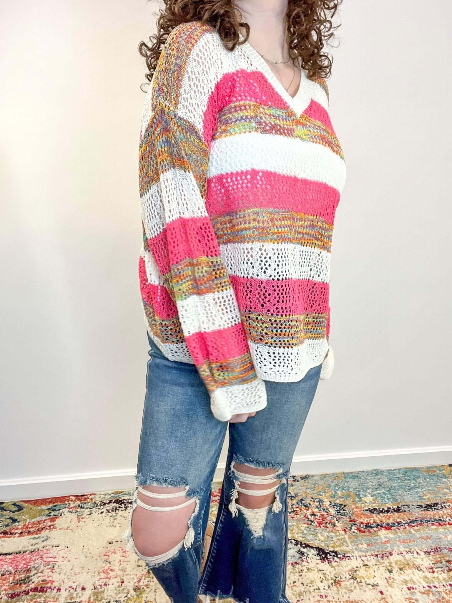 V-Neck Lightweight Summer Stripe Crochet Sweater - Lavender Hills BeautyMelloMT40077-S