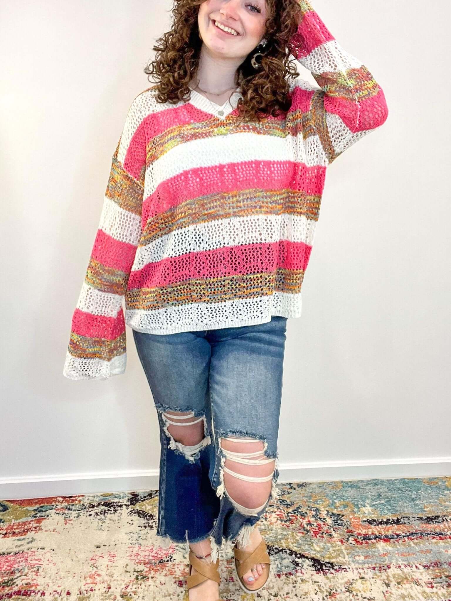 V-Neck Lightweight Summer Stripe Crochet Sweater - Lavender Hills BeautyMelloMT40077-S