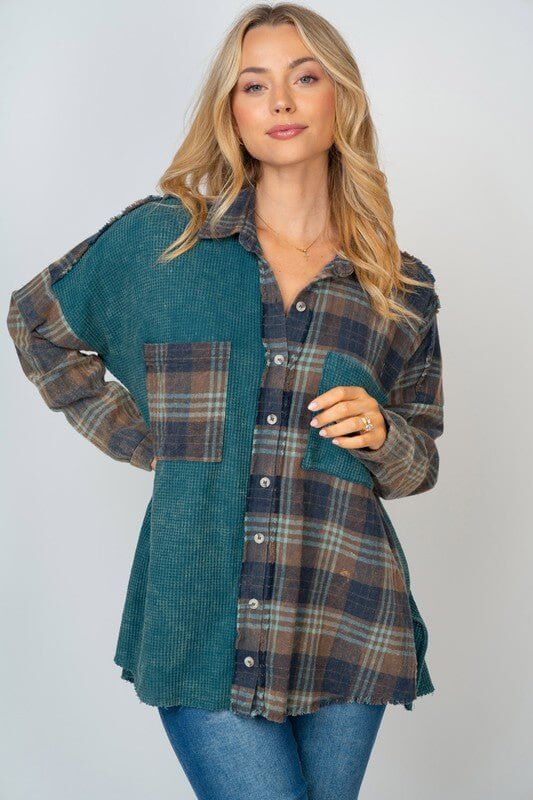 Mixed Up Long Sleeve Thermal Knit Top - Teal - Lavender Hills BeautyWhite Birch