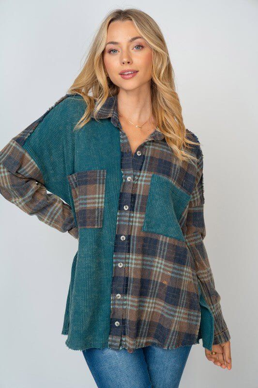 Mixed Up Long Sleeve Thermal Knit Top - Teal - Lavender Hills BeautyWhite Birch