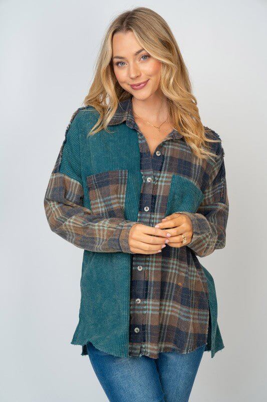 Mixed Up Long Sleeve Thermal Knit Top - Teal - Lavender Hills BeautyWhite Birch