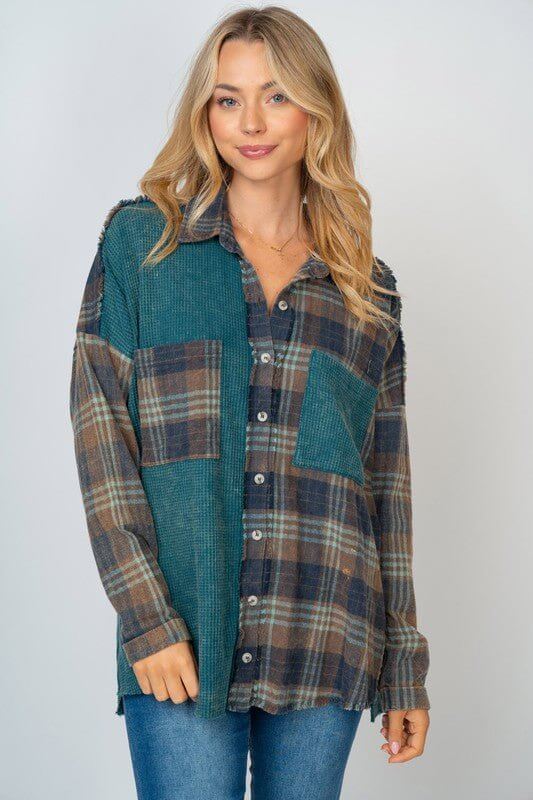 Mixed Up Long Sleeve Thermal Knit Top - Teal - Lavender Hills BeautyWhite Birch