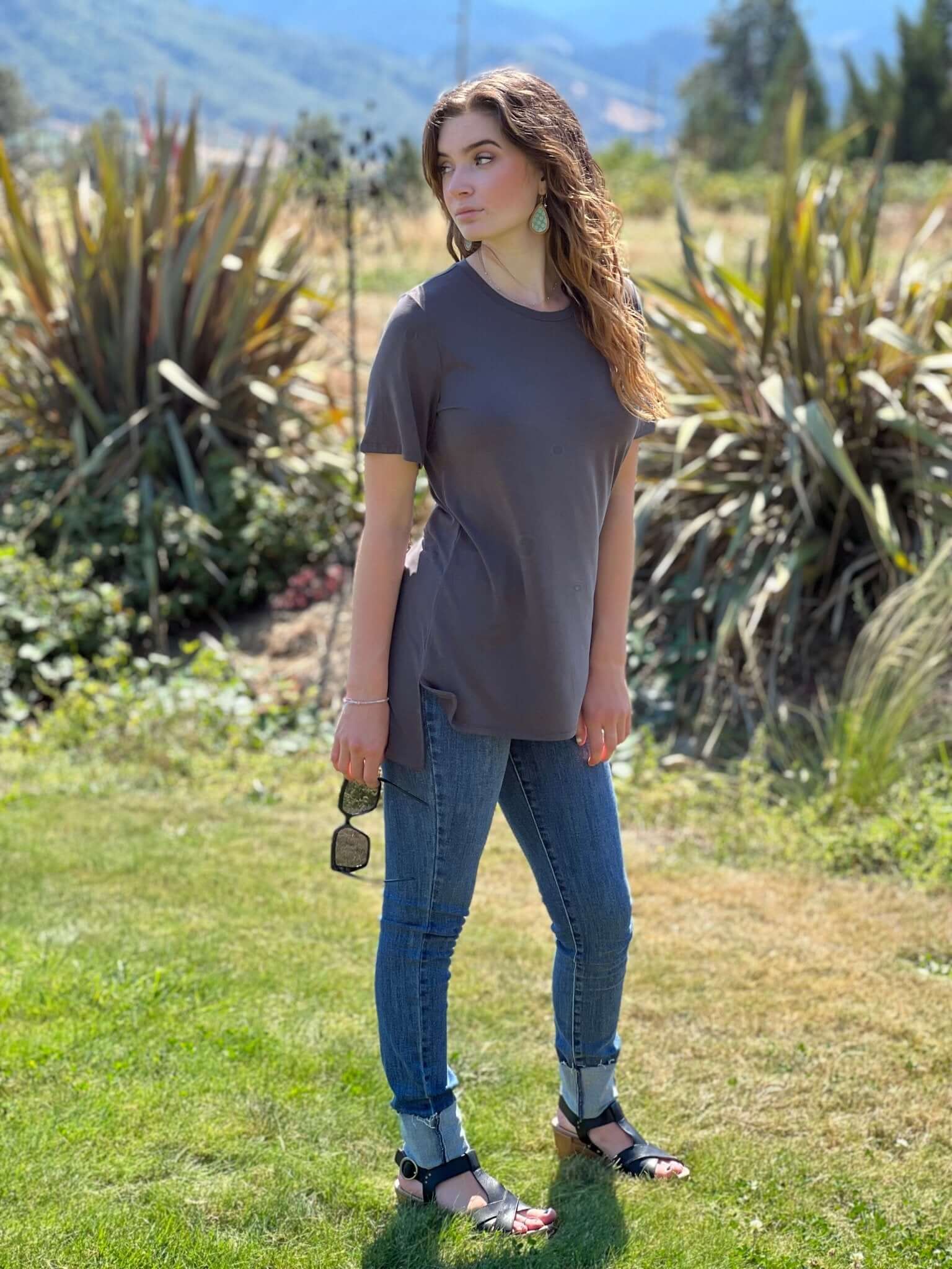 Hi-Low Short-Sleeve Top - Ash Grey, Bone, Black - Lavender Hills BeautyZenana