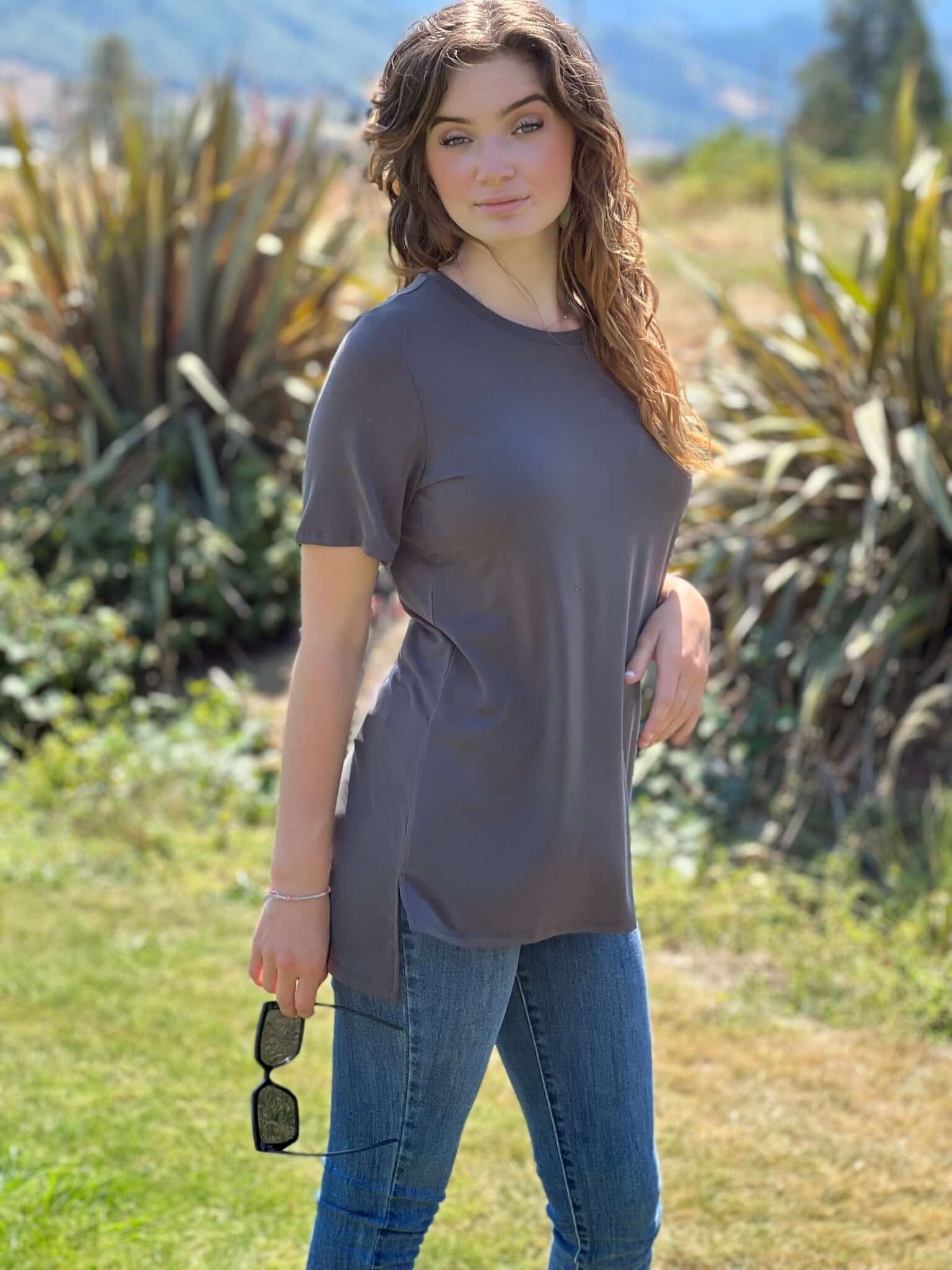 Hi-Low Short-Sleeve Top - Ash Grey, Bone, Black - Lavender Hills BeautyZenana