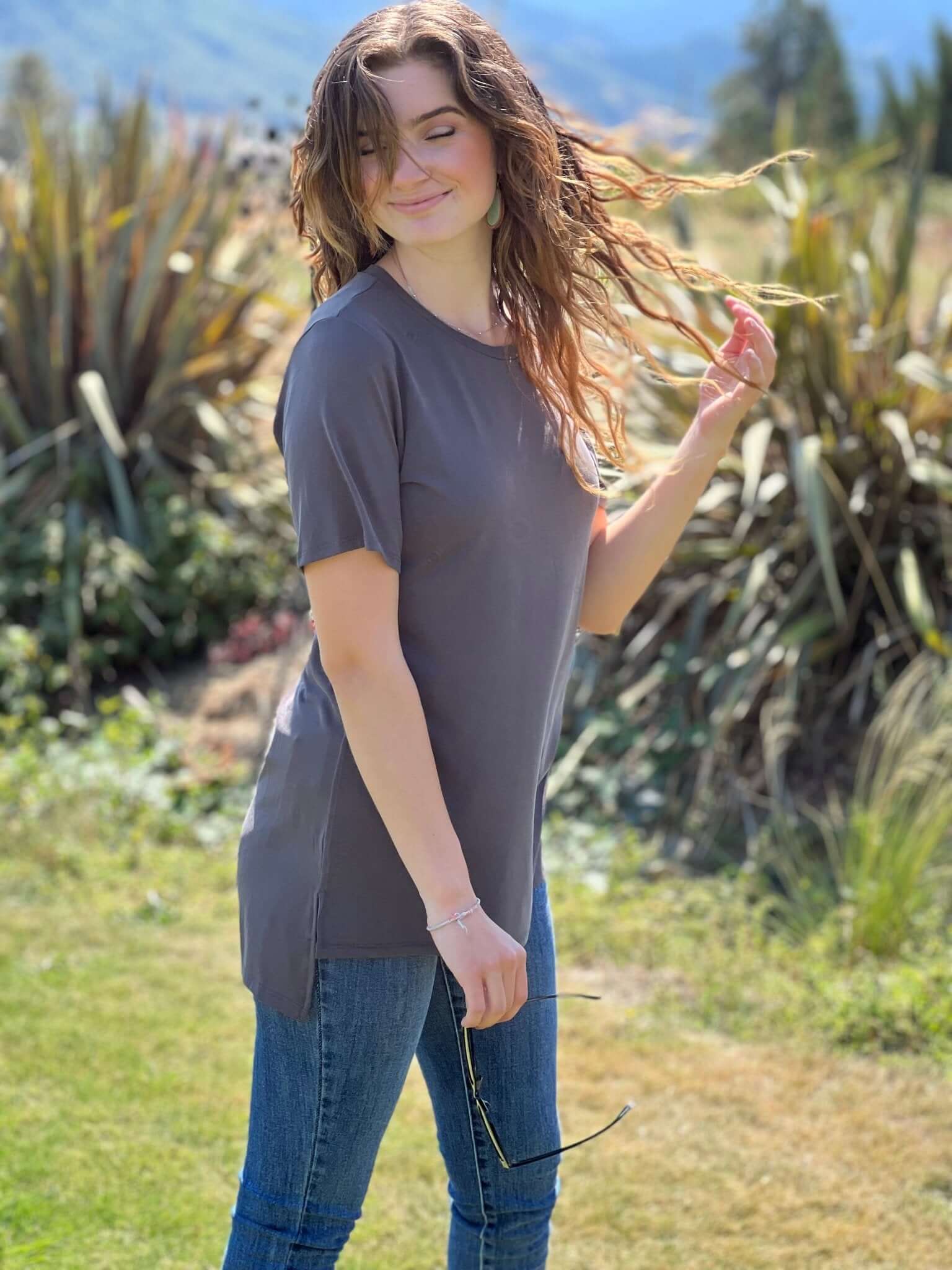 Hi-Low Short-Sleeve Top - Ash Grey, Bone, Black - Lavender Hills BeautyZenana