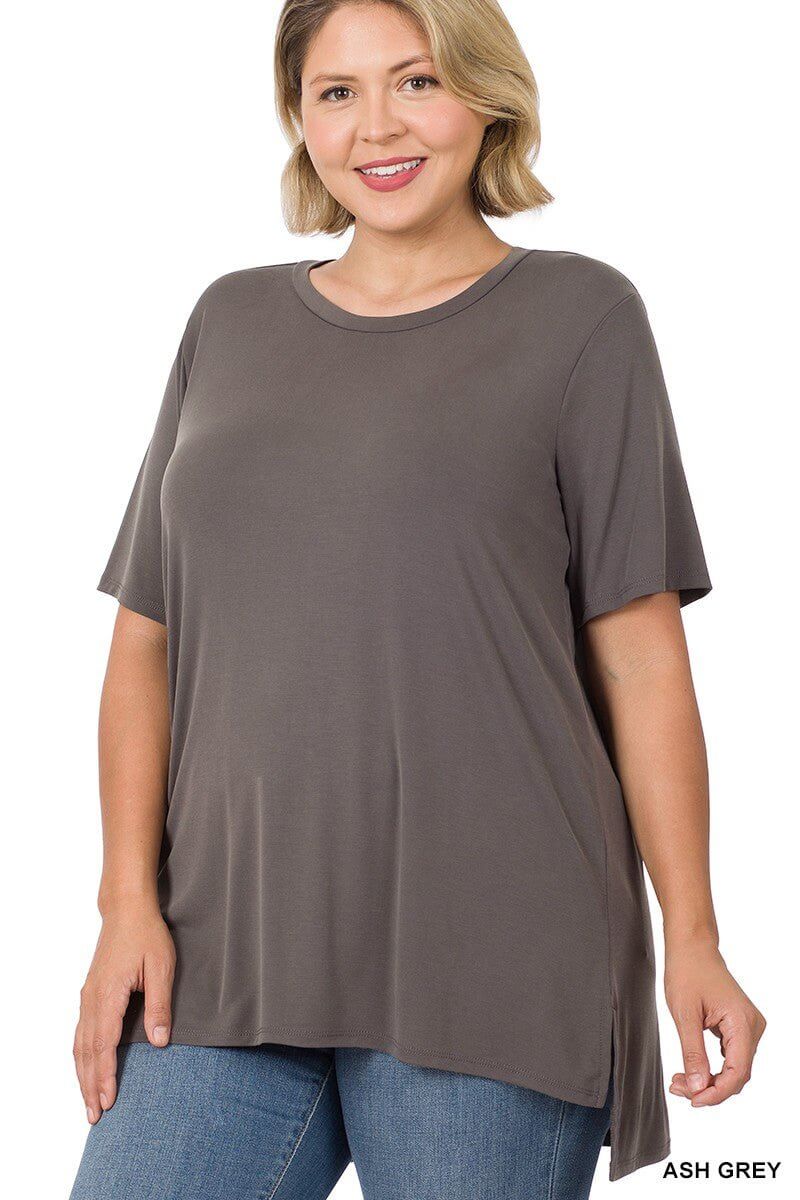 Hi-Low Short-Sleeve Top - Ash Grey, Bone, Black - Lavender Hills BeautyZenana