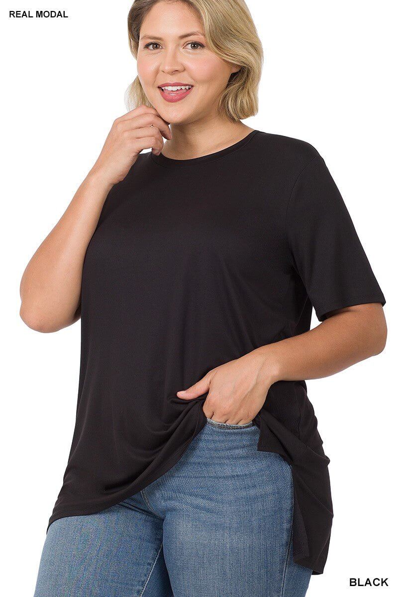 Hi-Low Short-Sleeve Top - Ash Grey, Bone, Black - Lavender Hills BeautyZenana