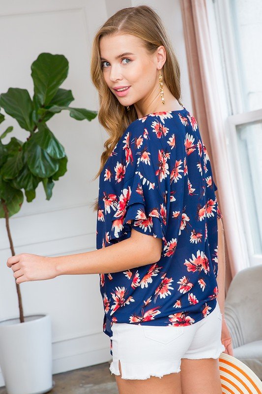 Navy Floral Front Tie Short Sleeve Top - Lavender Hills BeautyEmerald Collection