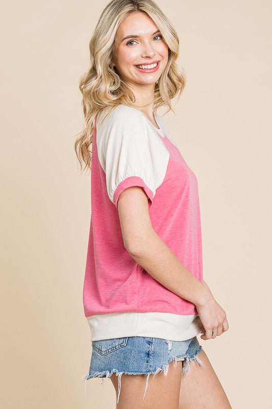 Pink Color Block Short Sleeve Top - Lavender Hills BeautyEmerald Collection