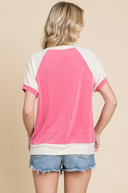 Pink Color Block Short Sleeve Top - Lavender Hills BeautyEmerald Collection