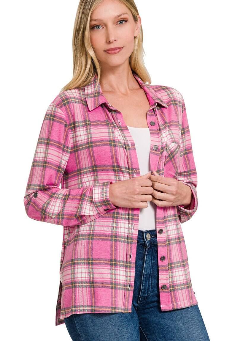 Plaid Roll-up Long Sleeve Top - Magenta - Lavender Hills BeautyZenana