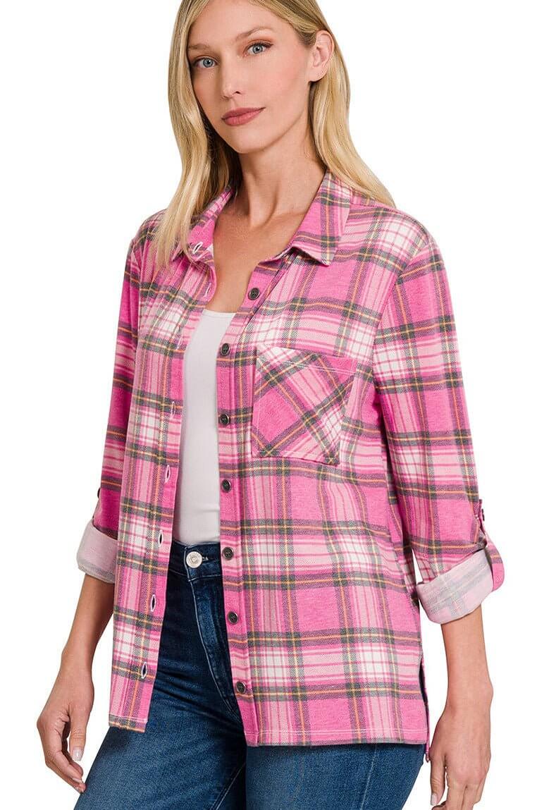 Plaid Roll-up Long Sleeve Top - Magenta - Lavender Hills BeautyZenana