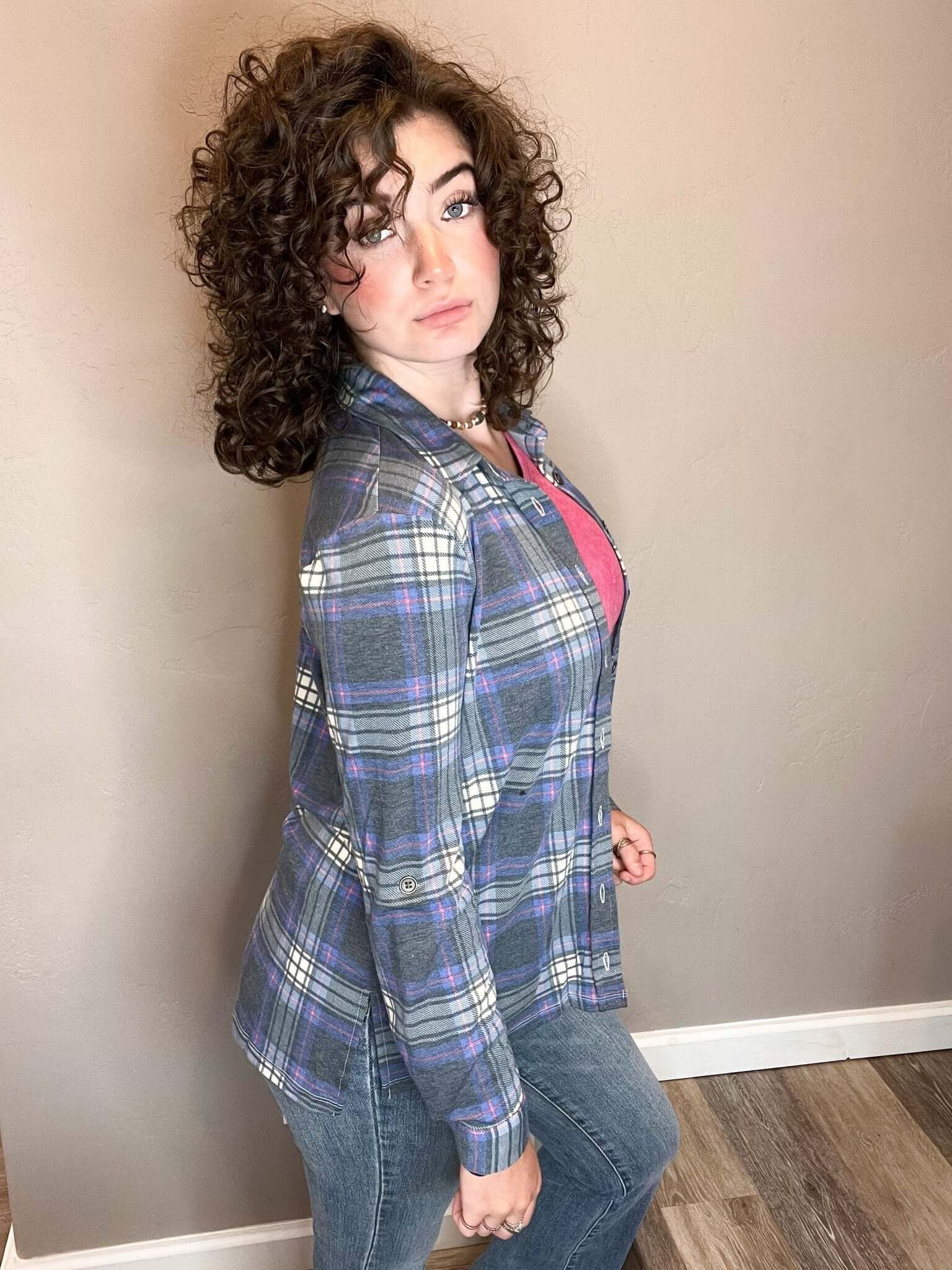 Plaid Roll-up Long Sleeve Top - Navy Blue - Lavender Hills BeautyZenanaQJL-1361Y