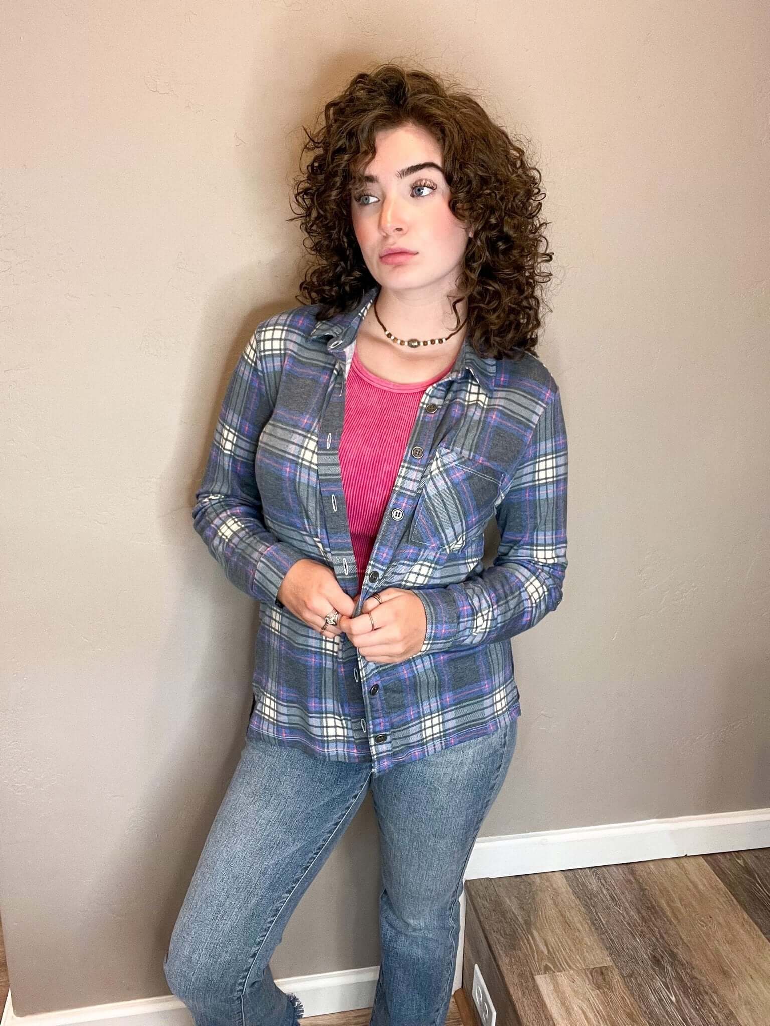 Plaid Roll-up Long Sleeve Top - Navy Blue - Lavender Hills BeautyZenanaQJL-1361Y