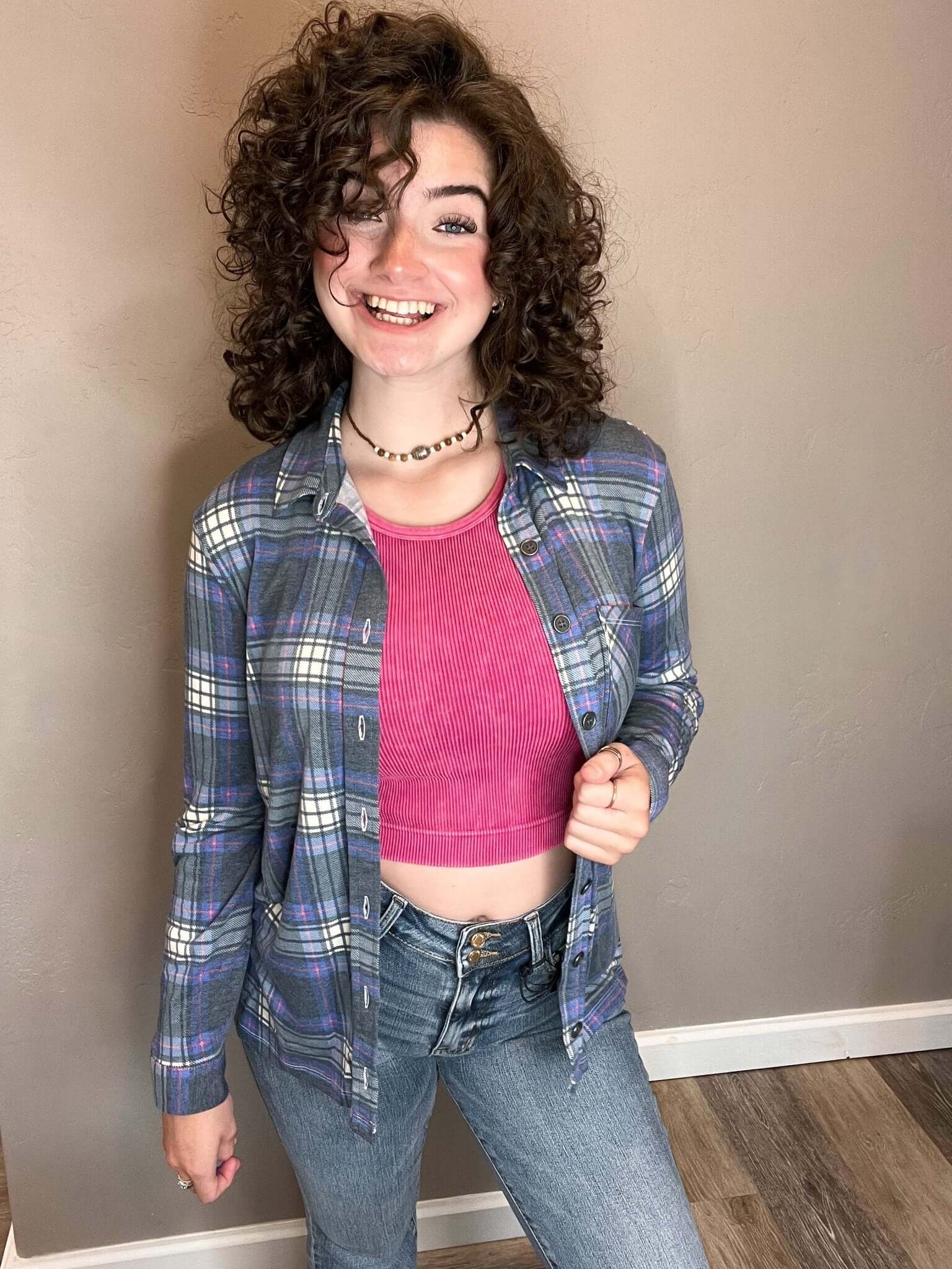 Plaid Roll-up Long Sleeve Top - Navy Blue - Lavender Hills BeautyZenanaQJL-1361Y