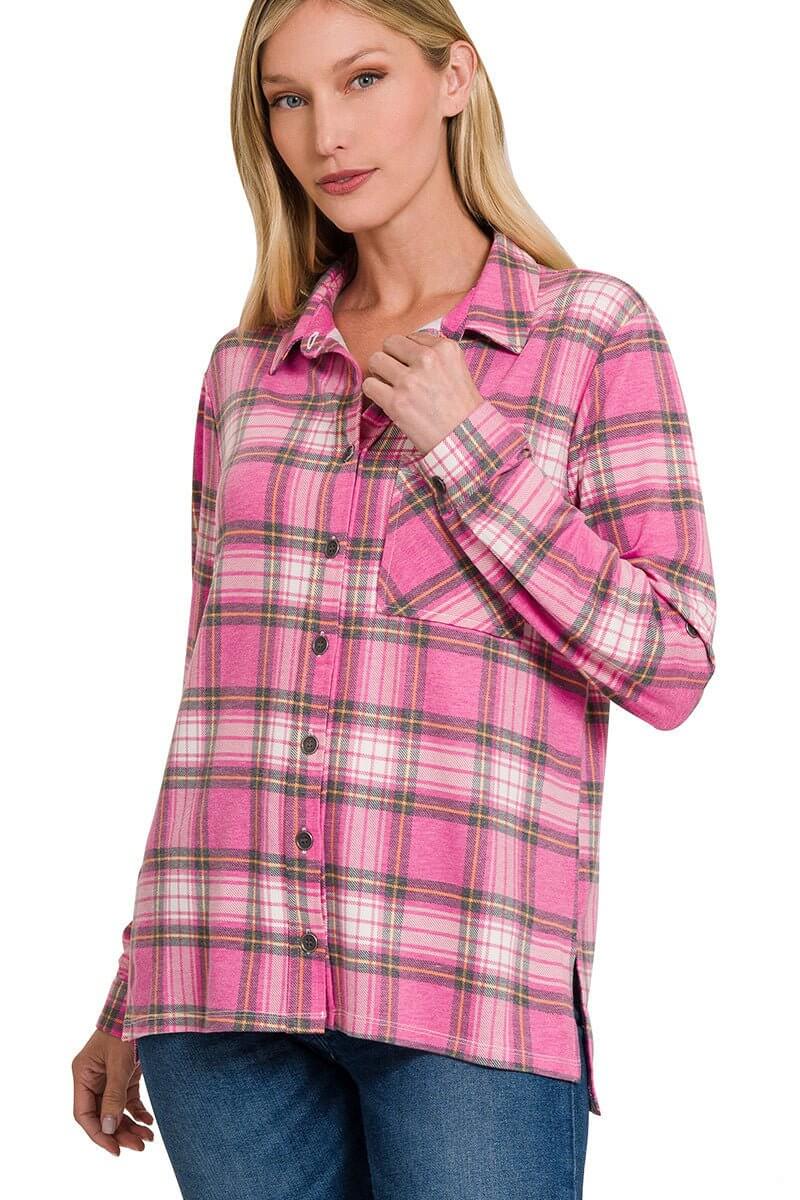 Plaid Roll-up Long Sleeve Top - Magenta - Lavender Hills BeautyZenana