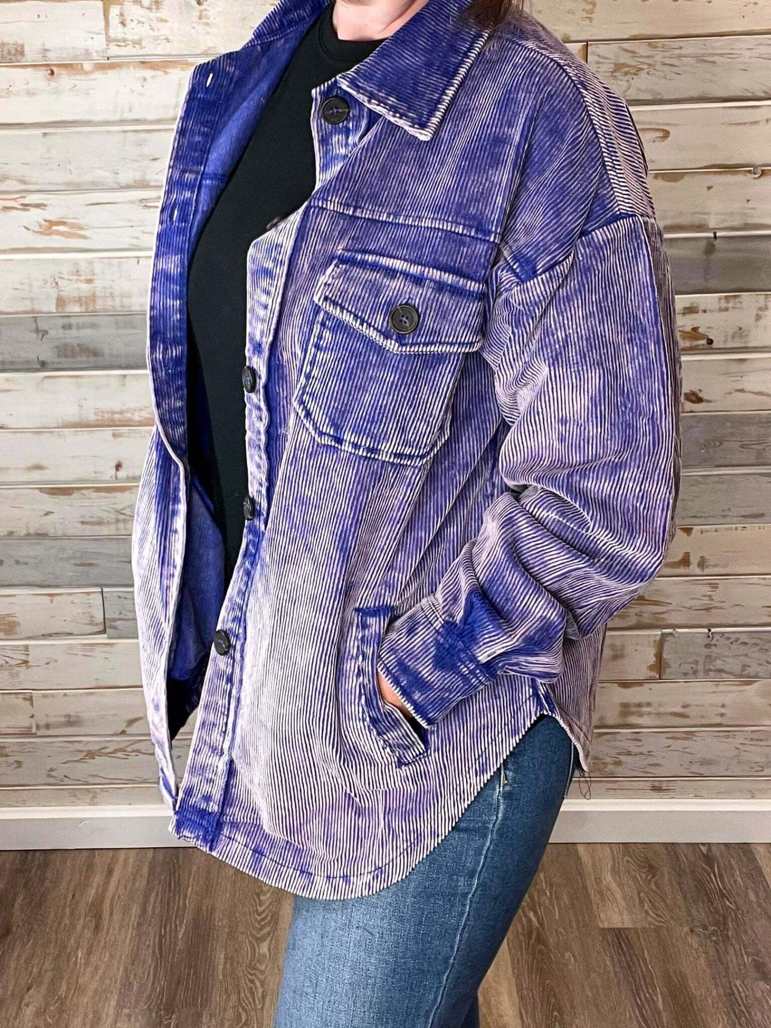 Vintage Washed Corduroy Shacket - Grape - Lavender Hills BeautyZenana