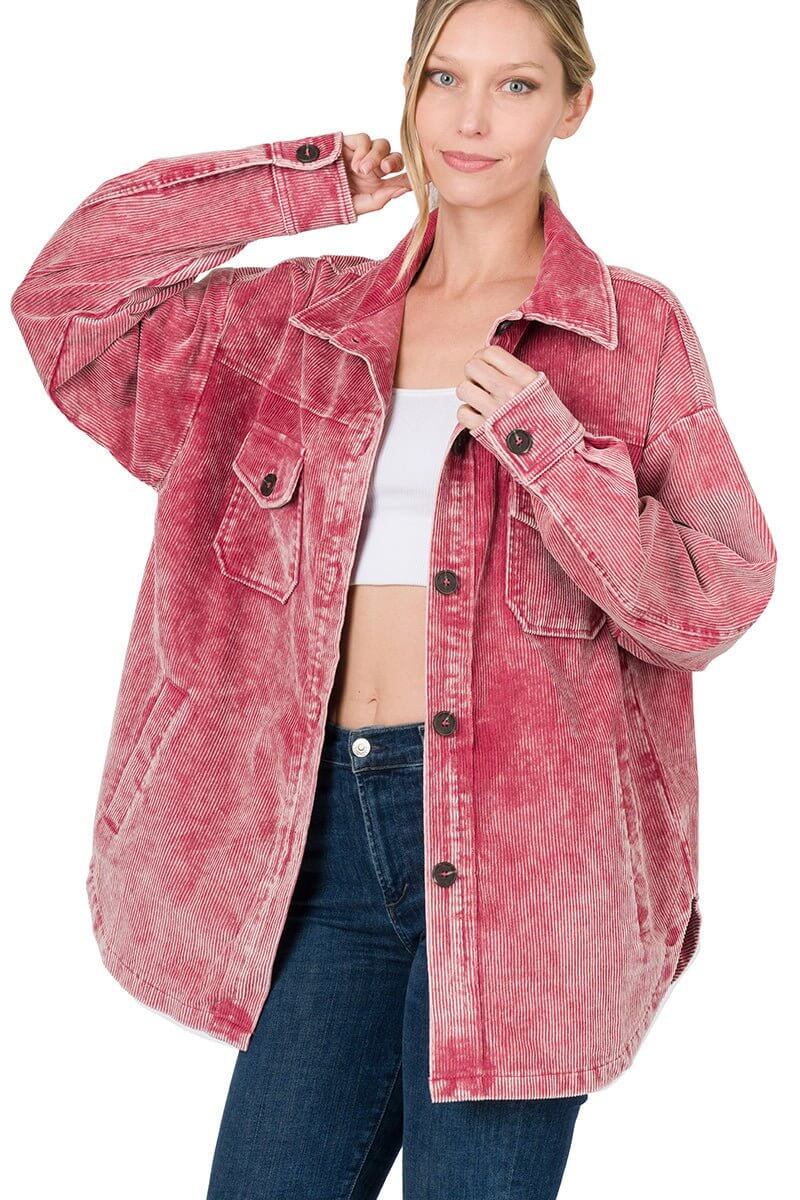 Vintage Washed Corduroy Shacket - Rose Pink - Lavender Hills BeautyZenana