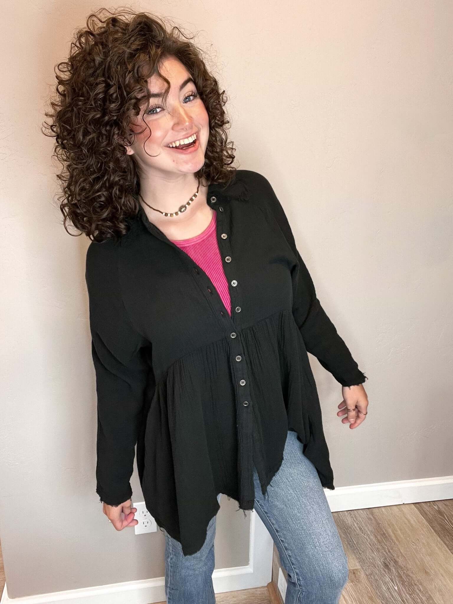 Black High Low Gauze Button Down Raw Hem Top - Lavender Hills BeautyZenana