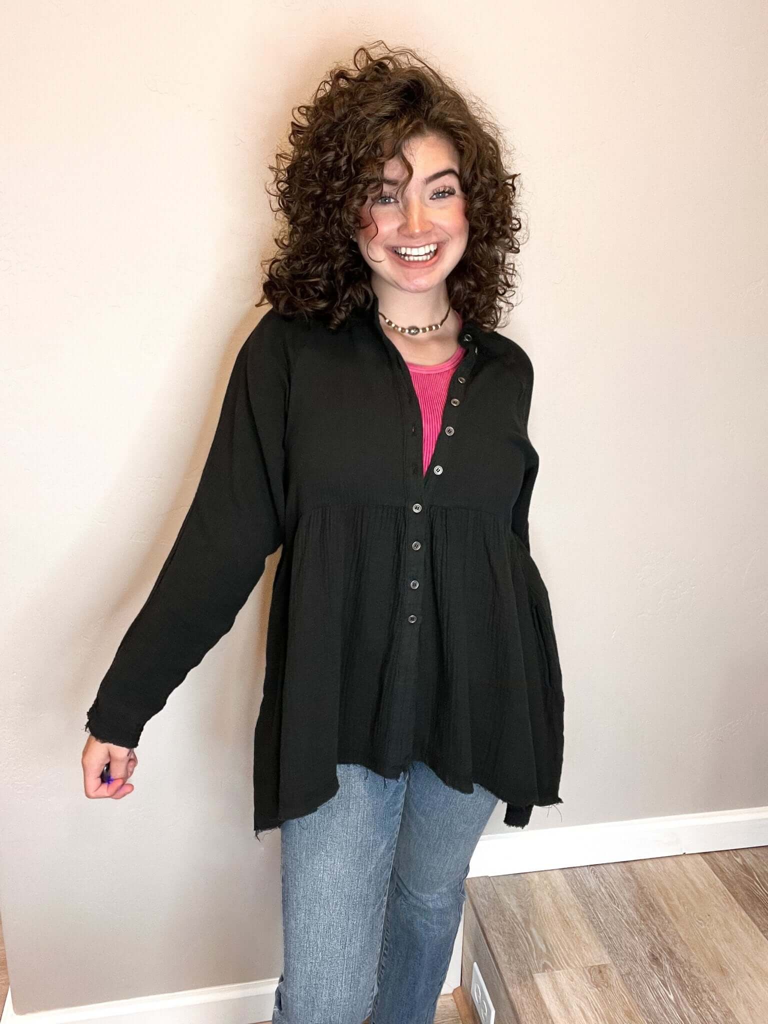 Black High Low Gauze Button Down Raw Hem Top - Lavender Hills BeautyZenana