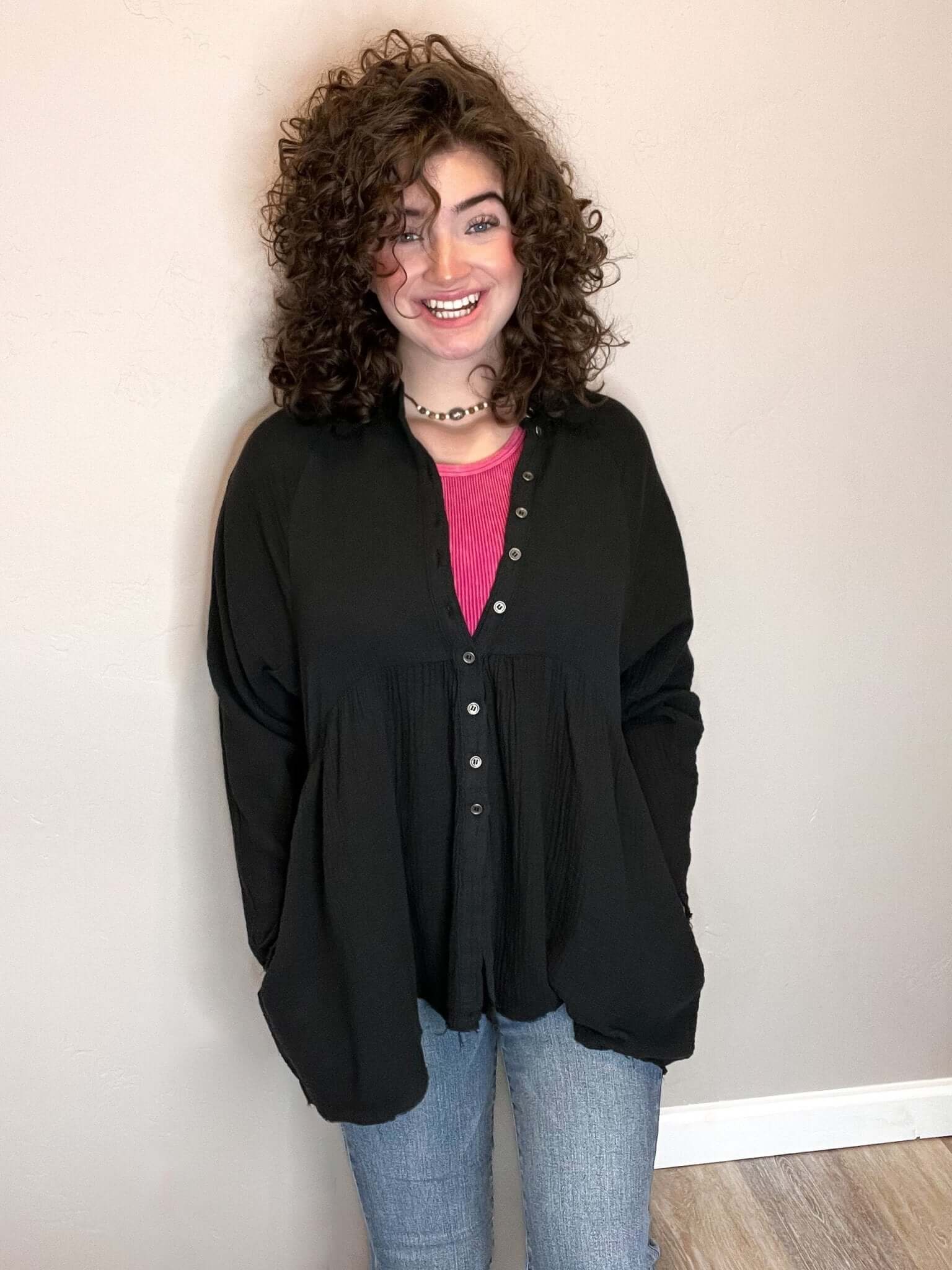 Black High Low Gauze Button Down Raw Hem Top - Lavender Hills BeautyZenana