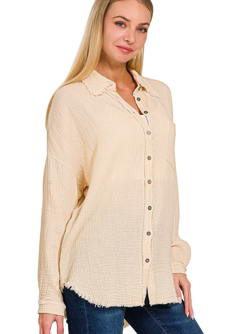 Gauze Button Down Long Sleeve Top - Light Beige - Lavender Hills BeautyZenanaQT-1271D4