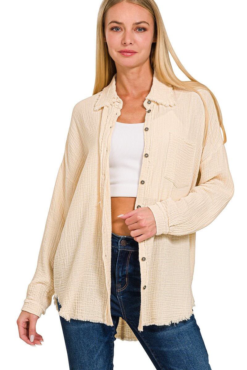 Gauze Button Down Long Sleeve Top - Light Beige - Lavender Hills BeautyZenanaQT-1271D4