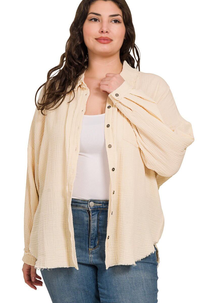 Gauze Button Down Long Sleeve Top - Light Beige - Lavender Hills BeautyZenanaQT-1271D4