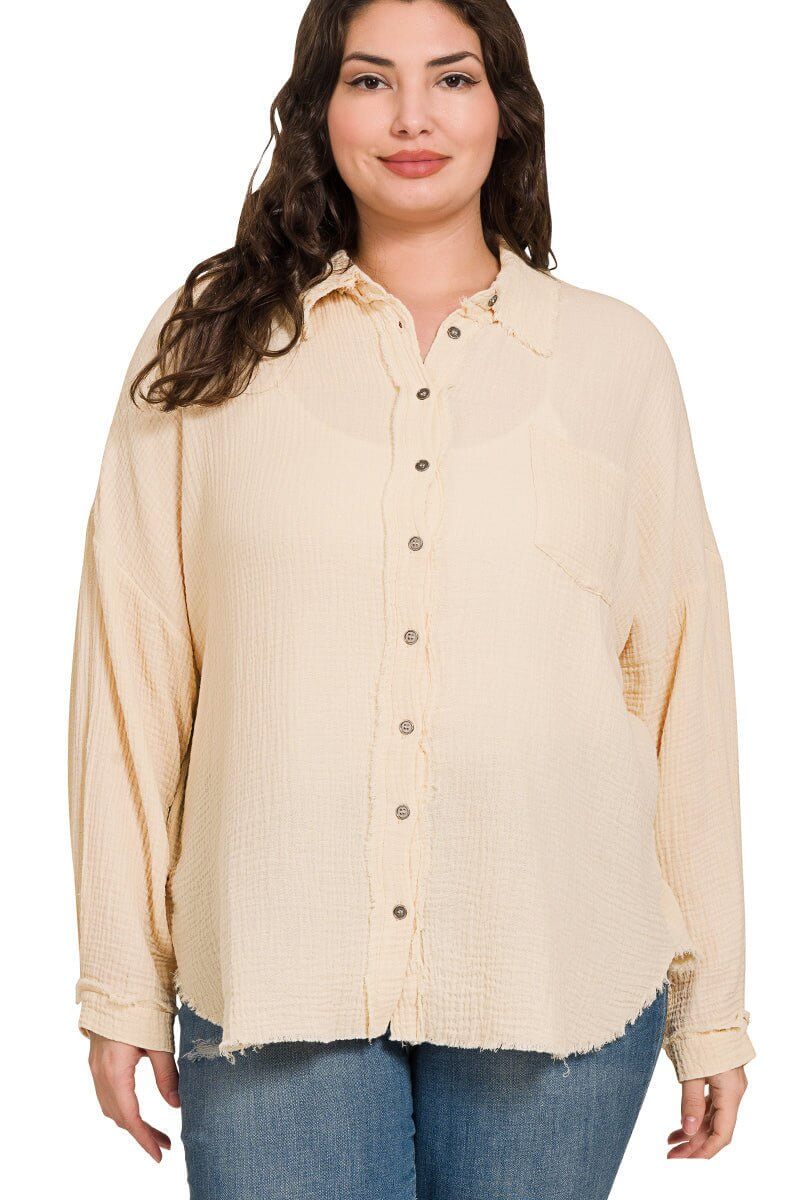Gauze Button Down Long Sleeve Top - Light Beige - Lavender Hills BeautyZenanaQT-1271D4