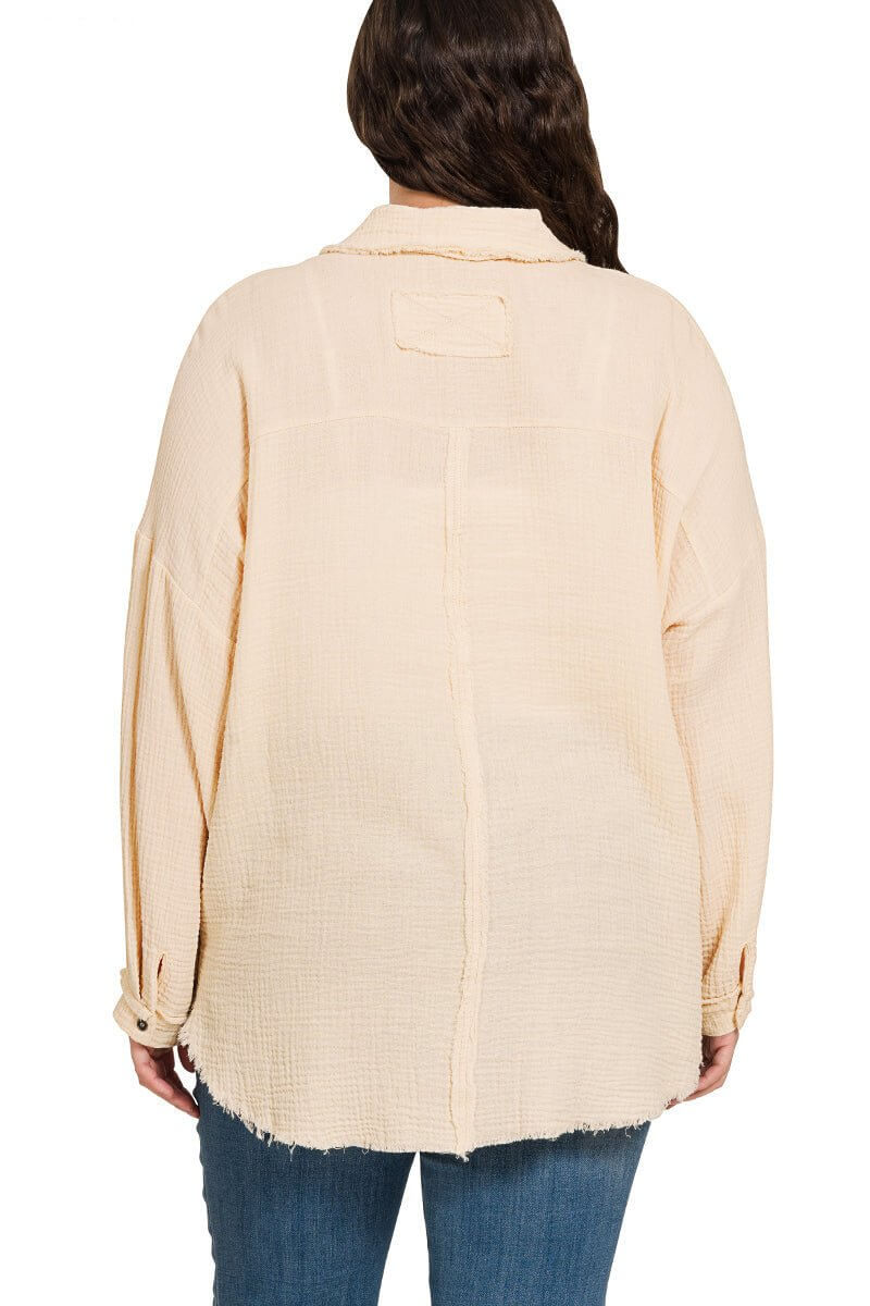Gauze Button Down Long Sleeve Top - Light Beige - Lavender Hills BeautyZenanaQT-1271D4