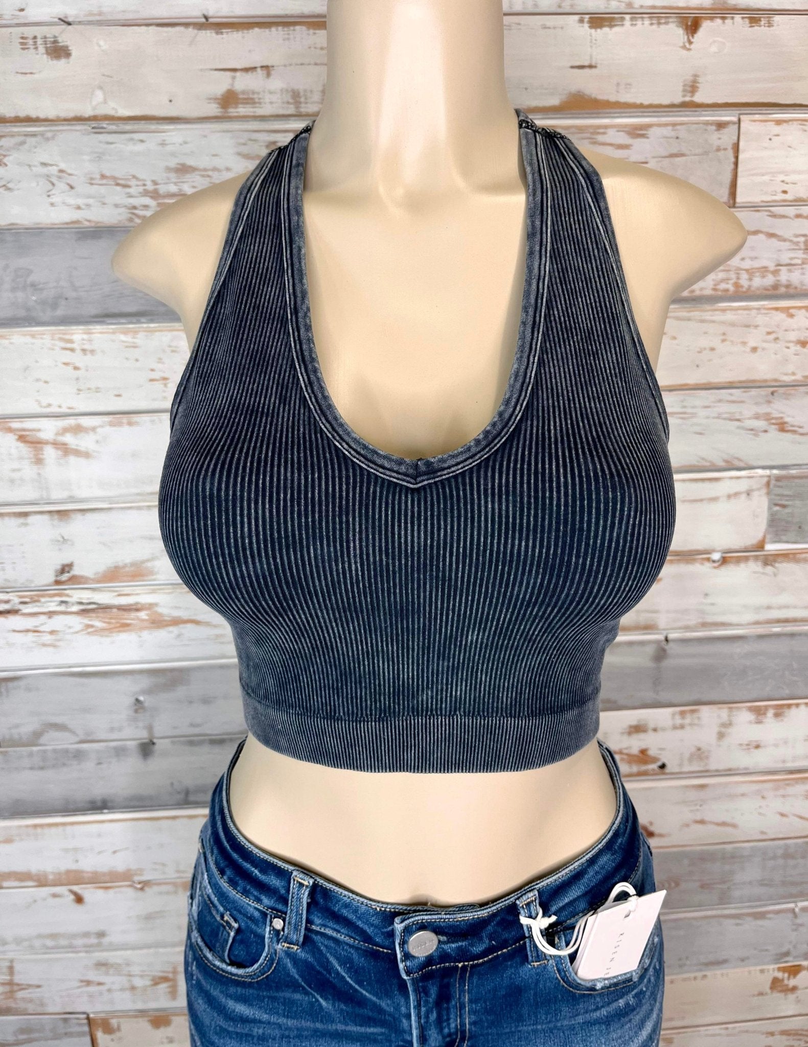 Bombshell Plus V-Neck Racerback Brami Cropped Tank Top - Ash Black - Lavender Hills BeautyZenana