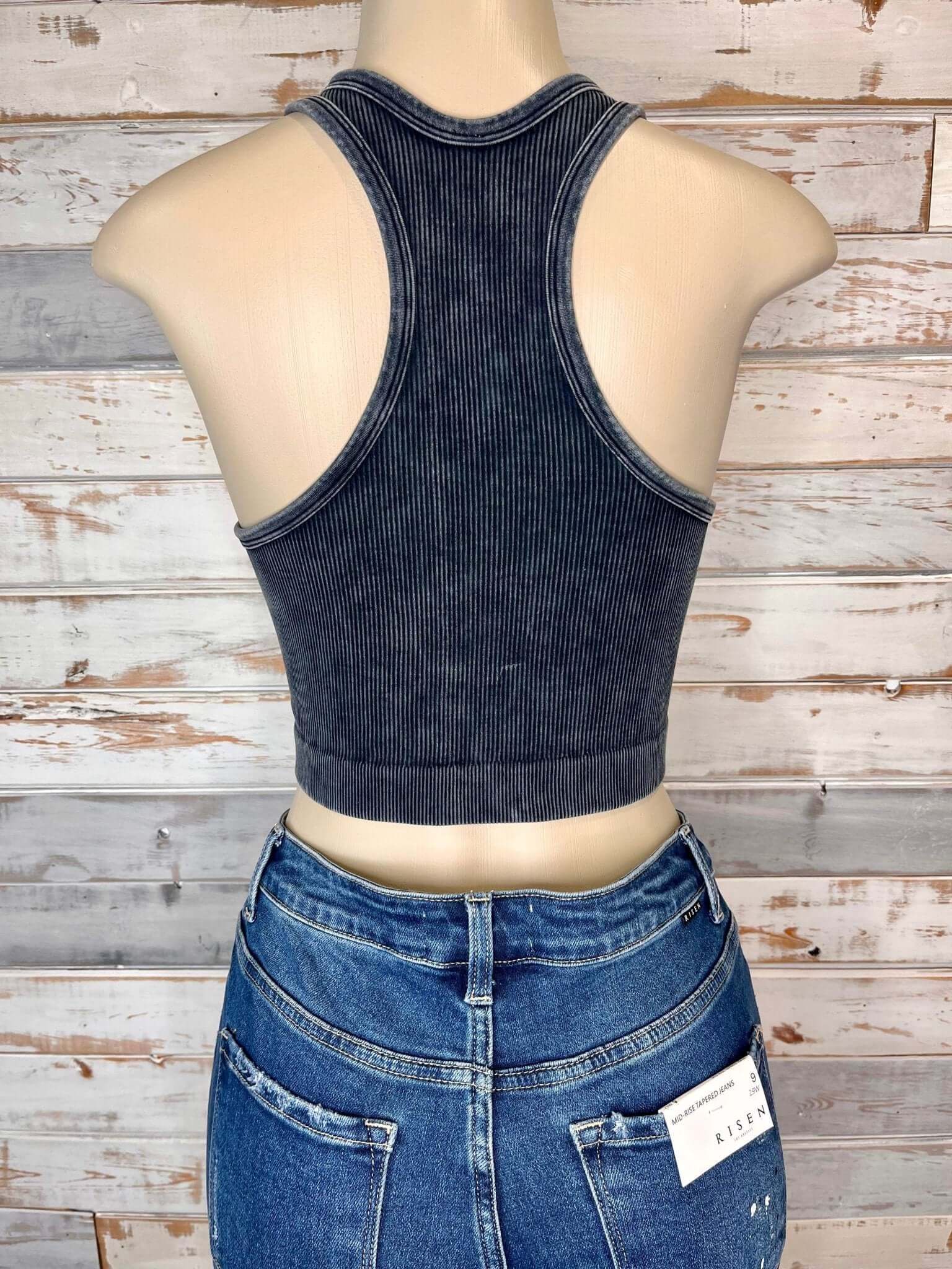 Bombshell Plus V-Neck Racerback Brami Cropped Tank Top - Ash Black - Lavender Hills BeautyZenana