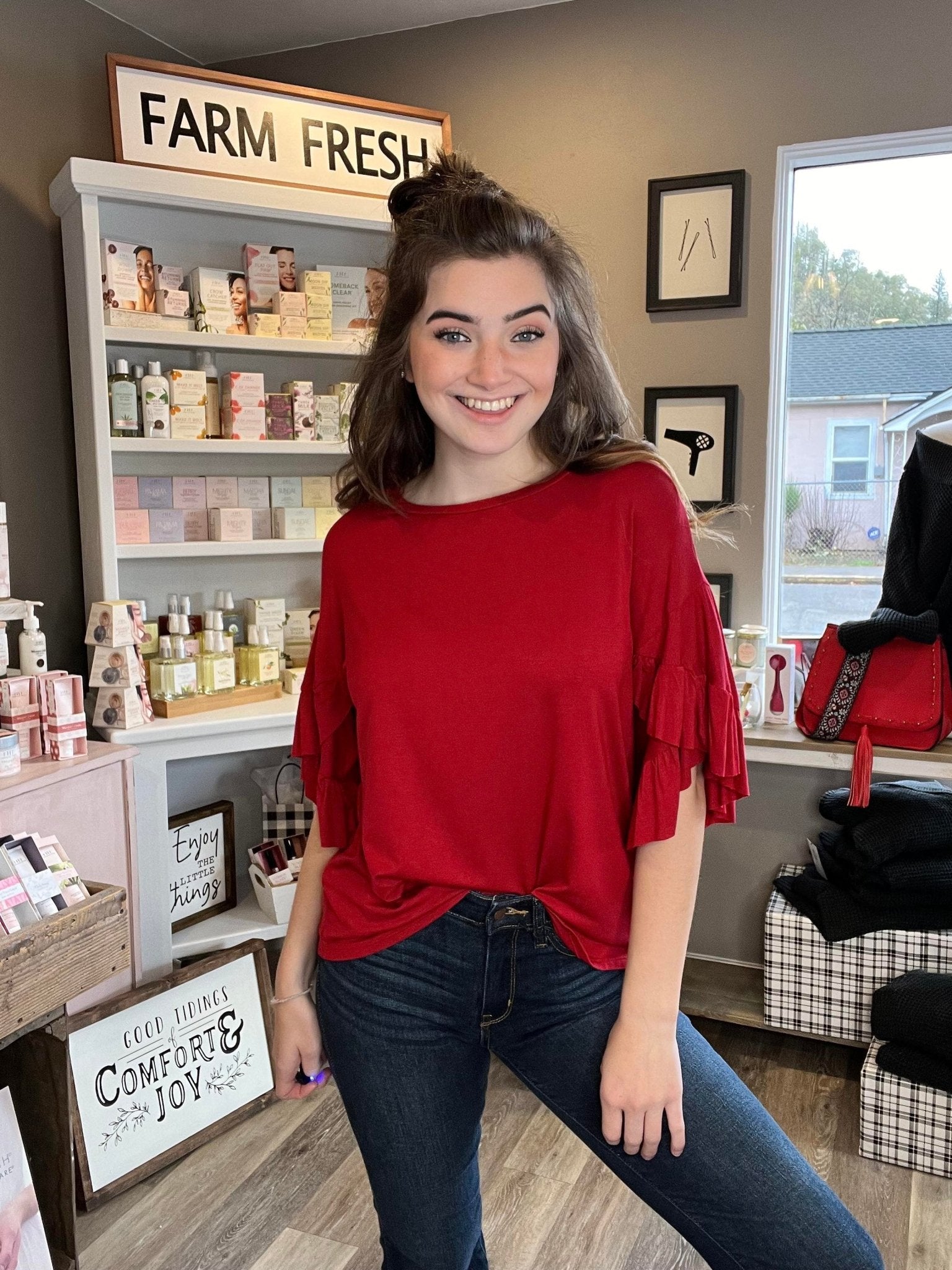 Ruffle Sleeve Top - Red - Lavender Hills BeautyeLuna