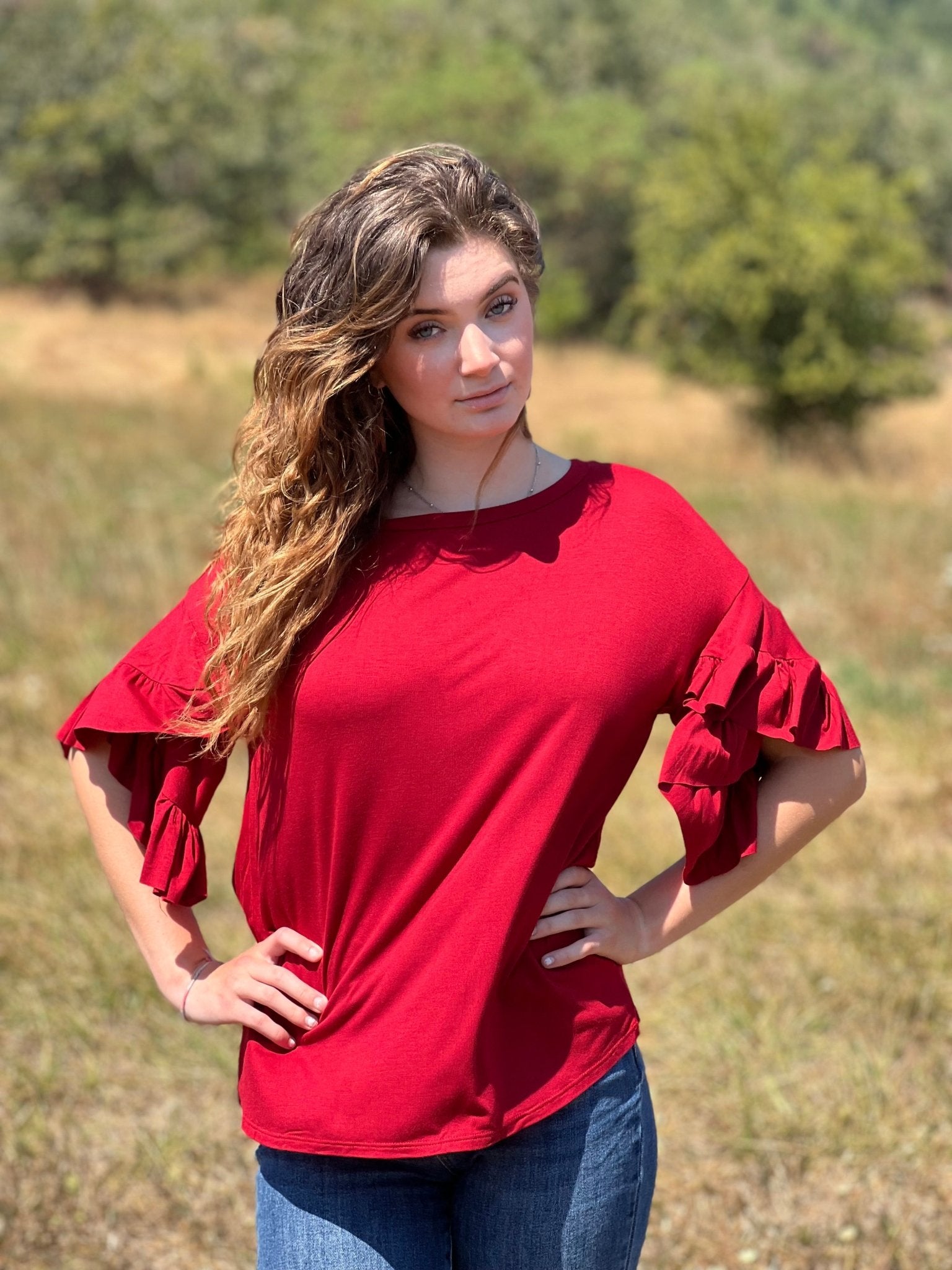 Ruffle Sleeve Top - Red - Lavender Hills BeautyeLuna