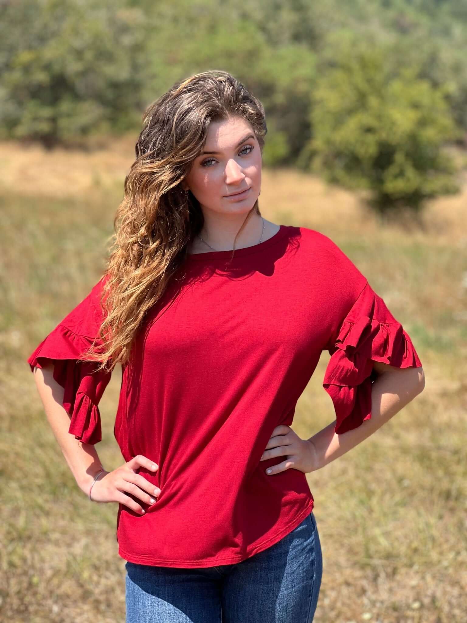Ruffle Sleeve Top - Red - Lavender Hills BeautyeLuna