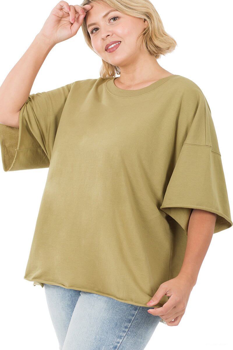 Weekender Drop Shoulder Rolled Edge Short Sleeve Top - Additional Colors - Lavender Hills BeautyZenanaTT-39022-KHAKI-5