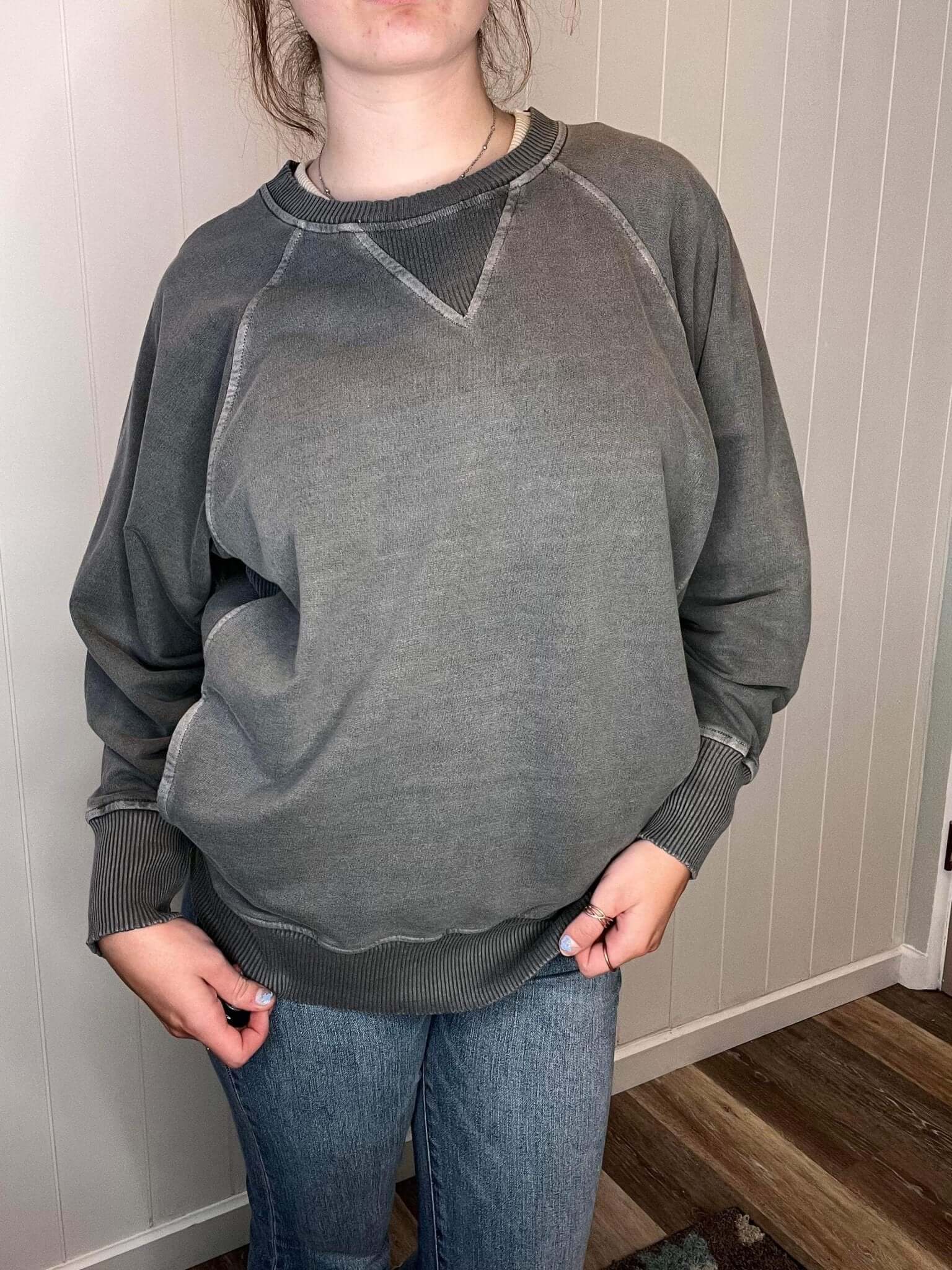 Casual Pullover Sweatshirt - Grey - Lavender Hills BeautyZenanaTTW-5176D4-ASHGREY