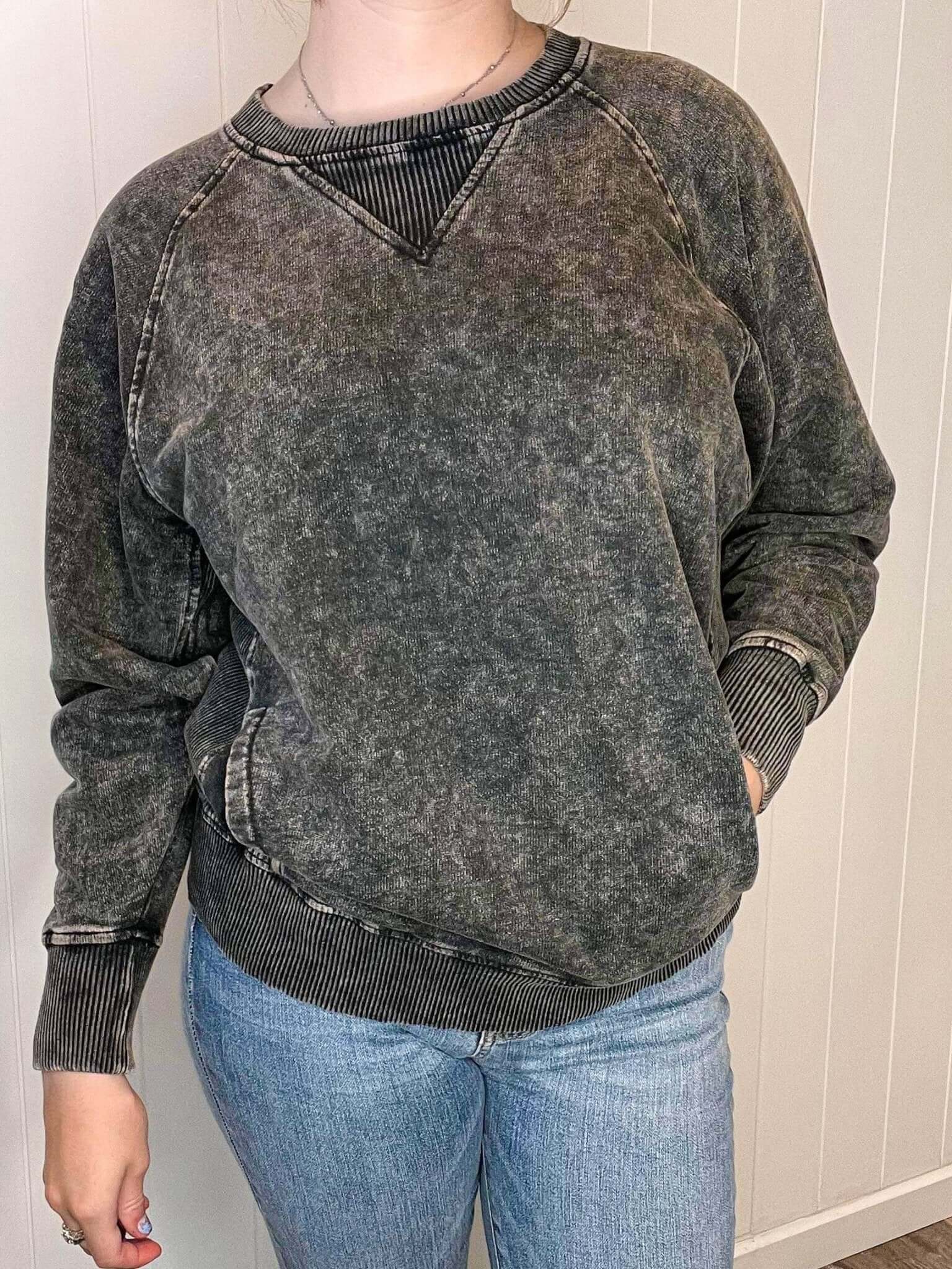 Casual Acid Washed Pullover Sweatshirt - Black - Lavender Hills BeautyZenana