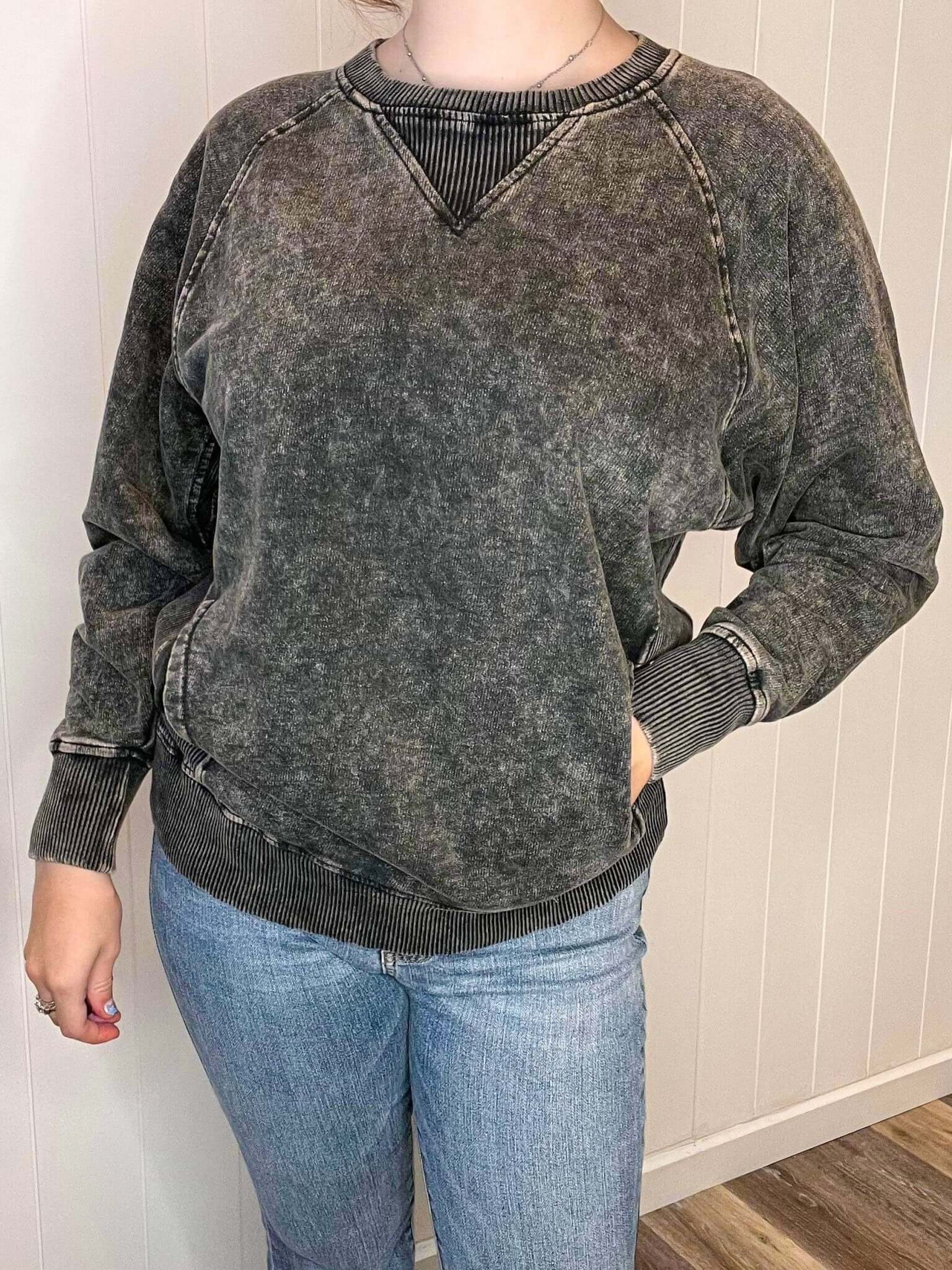 Casual Acid Washed Pullover Sweatshirt - Black - Lavender Hills BeautyZenana