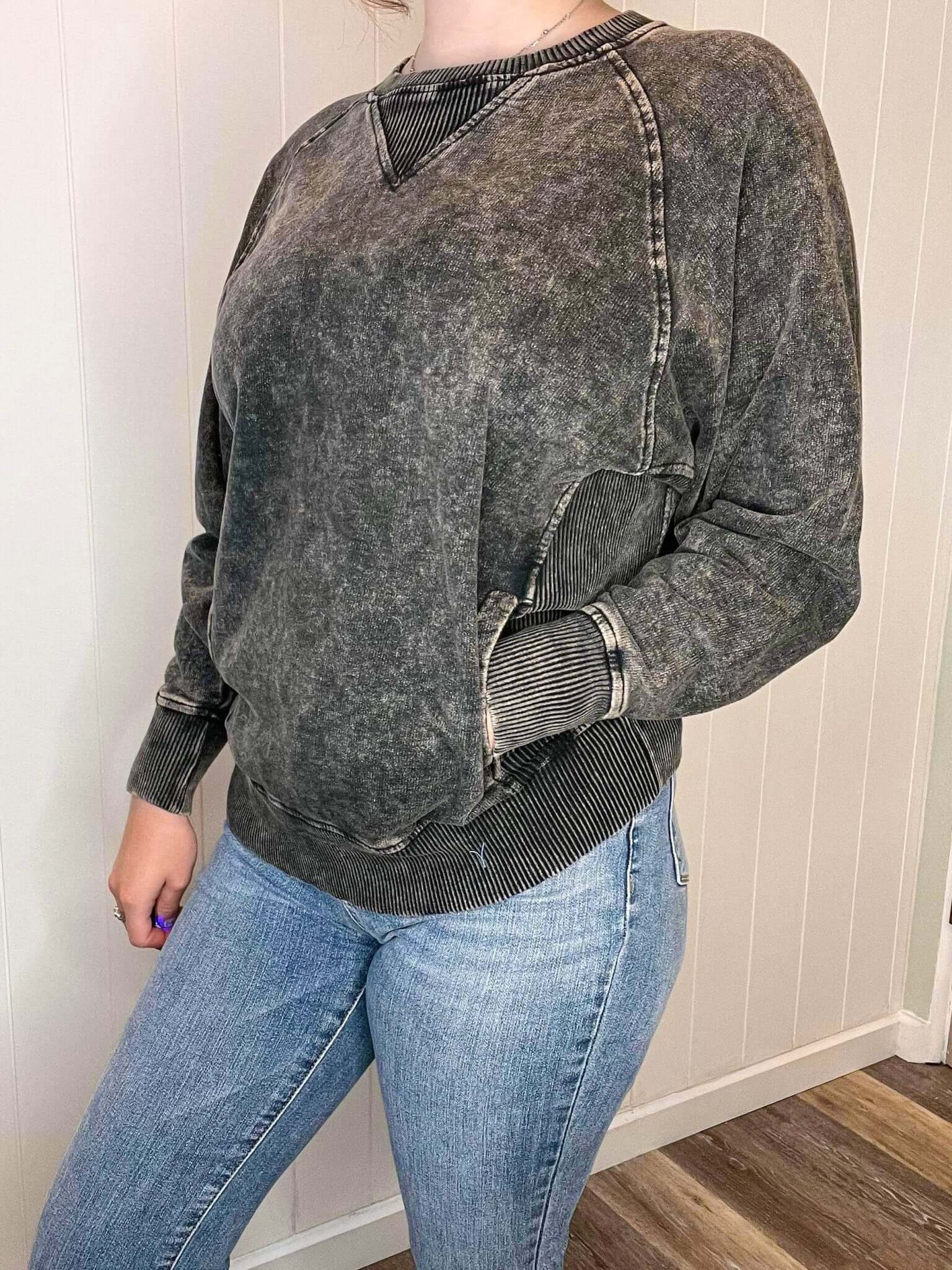 Casual Acid Washed Pullover Sweatshirt - Black - Lavender Hills BeautyZenana