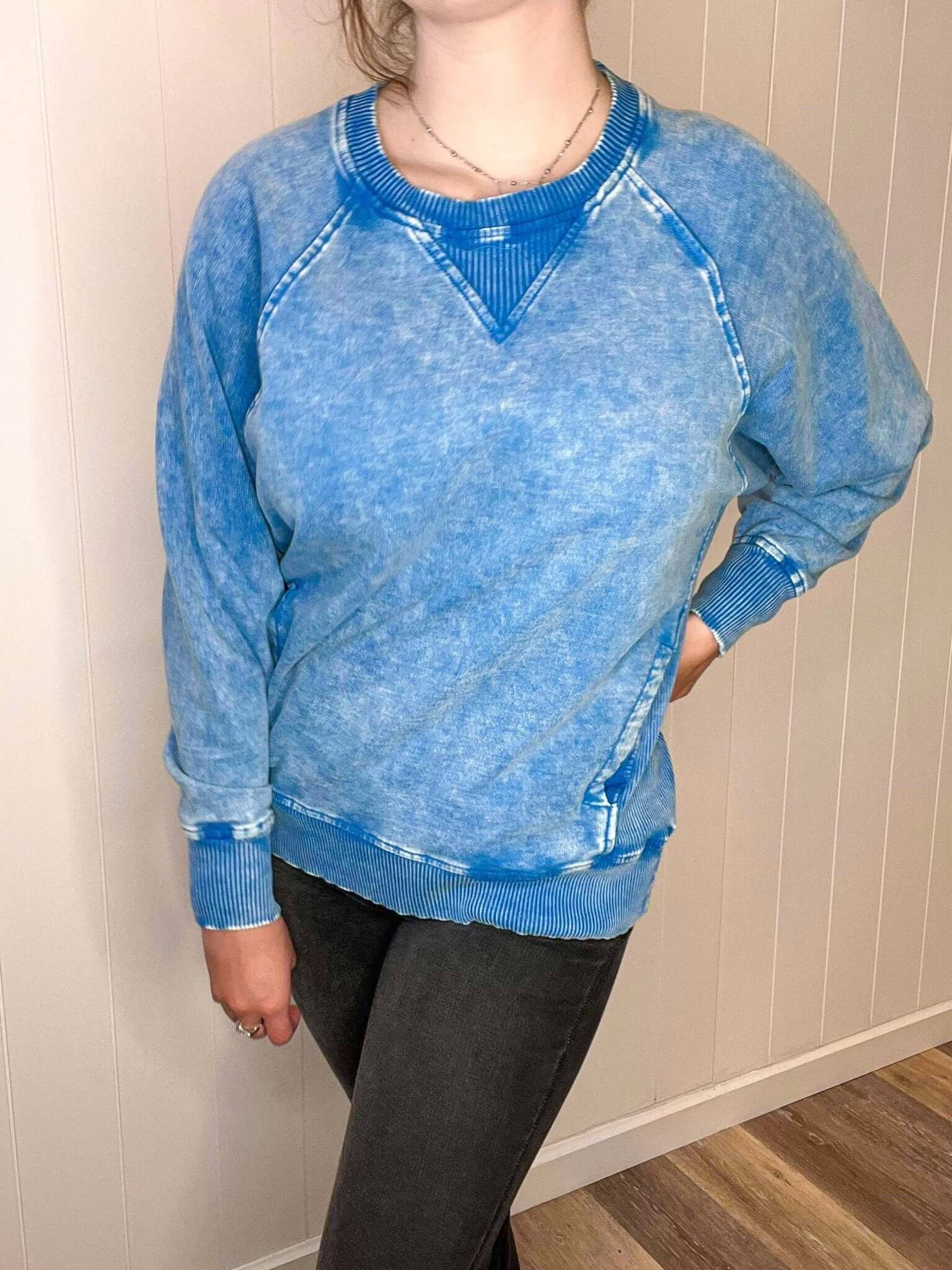 Casual Acid Washed Pullover Sweatshirt - Ocean Blue - Lavender Hills BeautyZenana