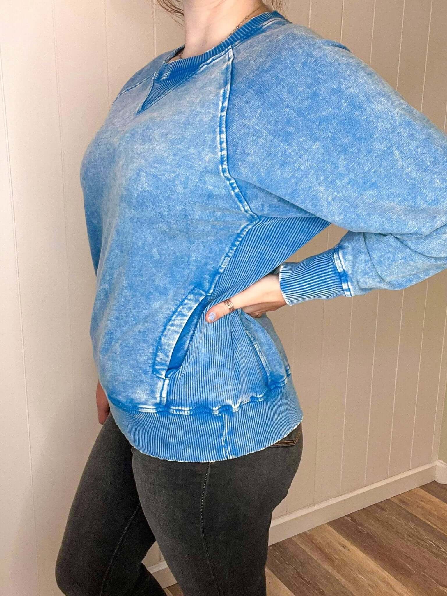 Casual Acid Washed Pullover Sweatshirt - Ocean Blue - Lavender Hills BeautyZenana