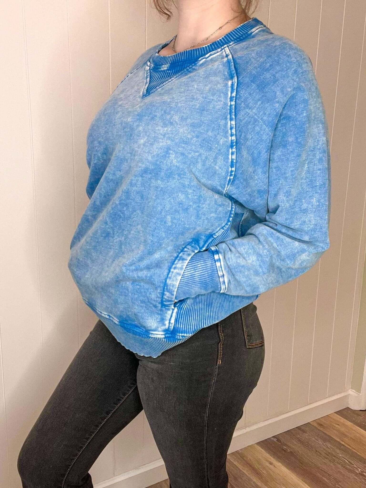 Casual Acid Washed Pullover Sweatshirt - Ocean Blue - Lavender Hills BeautyZenana