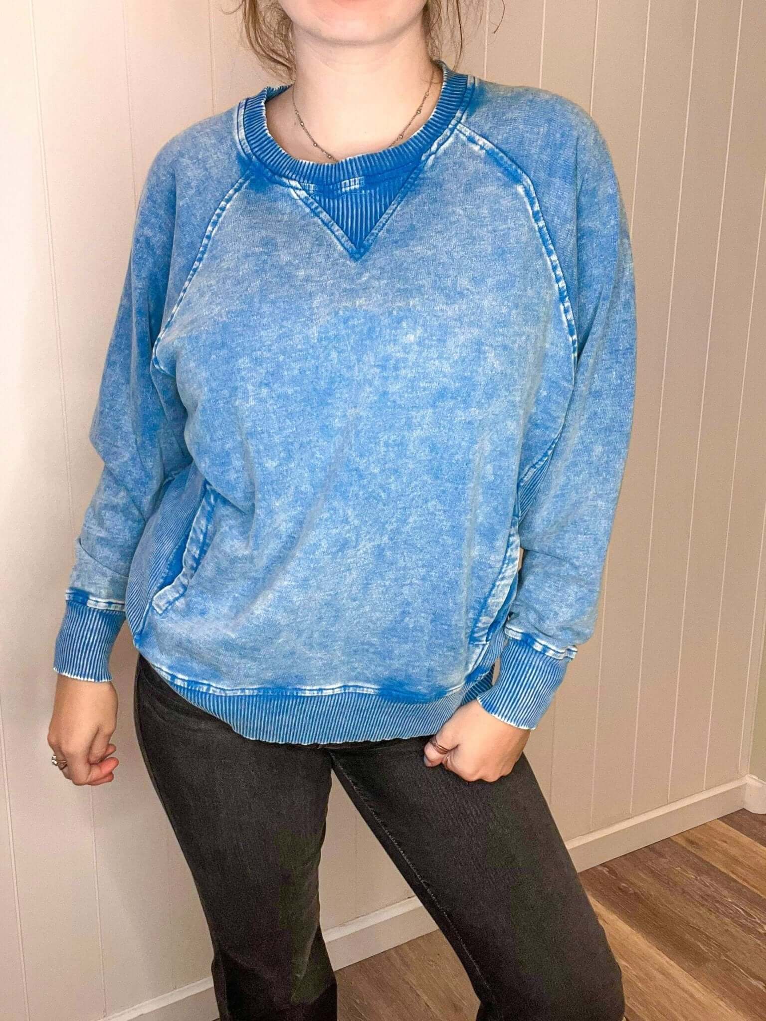 Casual Acid Washed Pullover Sweatshirt - Ocean Blue - Lavender Hills BeautyZenana