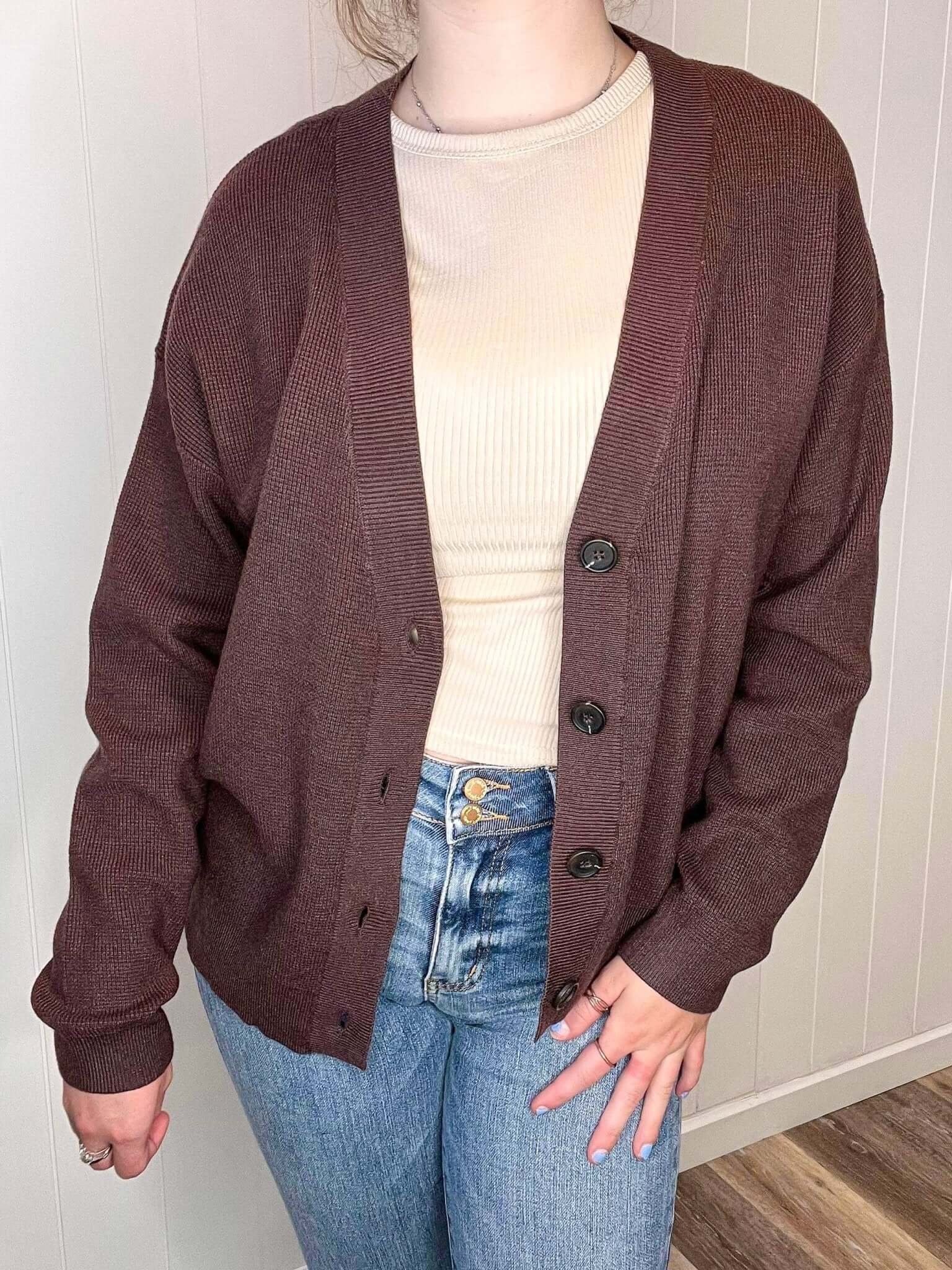 Button Cardigan Sweater - Mahogany - Lavender Hills BeautyZenana