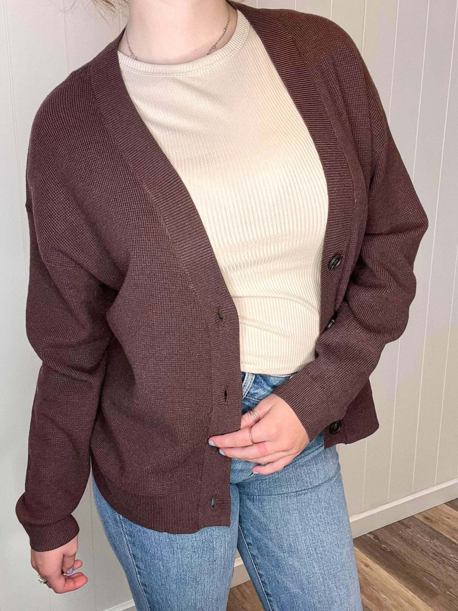 Button Cardigan Sweater - Mahogany - Lavender Hills BeautyZenana
