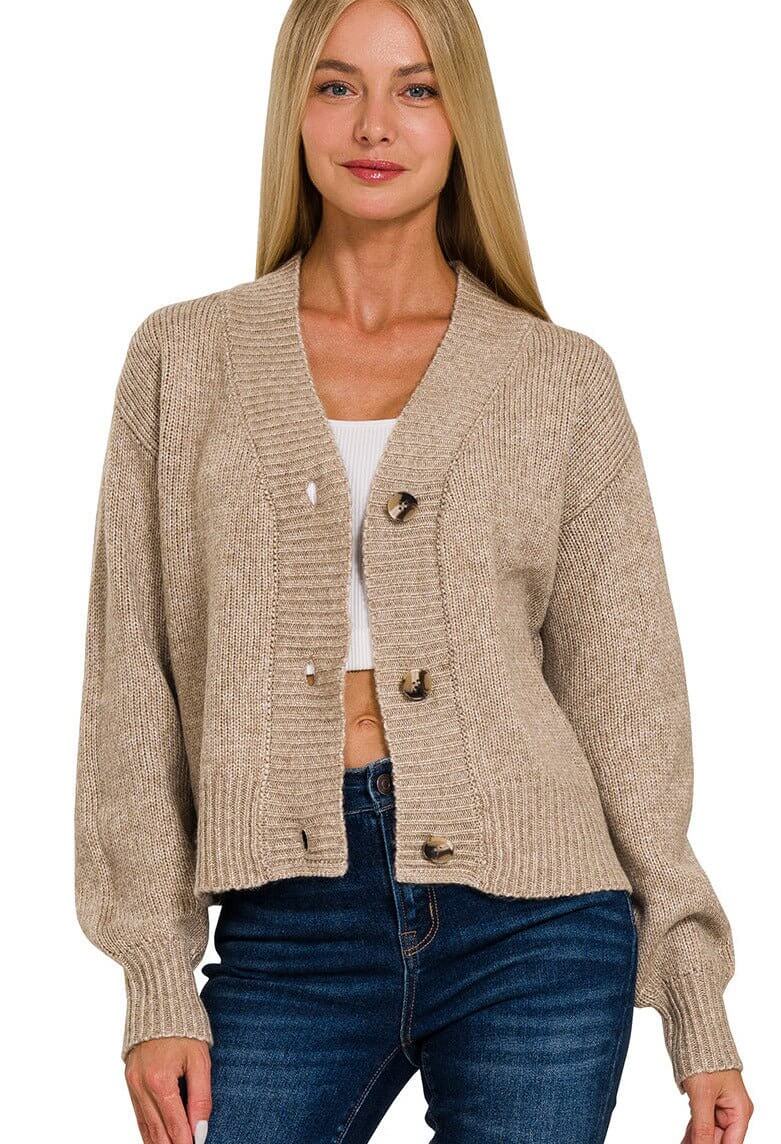Cropped Button Cardigan Sweater - Latte - Lavender Hills BeautyZenana