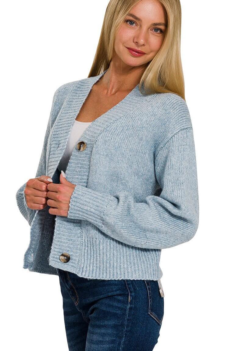 Cropped Button Cardigan Sweater - Blue Grey - Lavender Hills BeautyZenana
