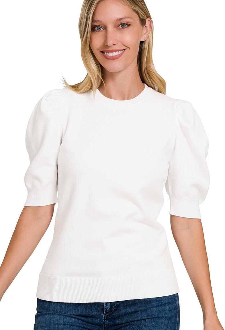 Chic Puff Short Sleeve Sweater - White - Lavender Hills BeautyZenana